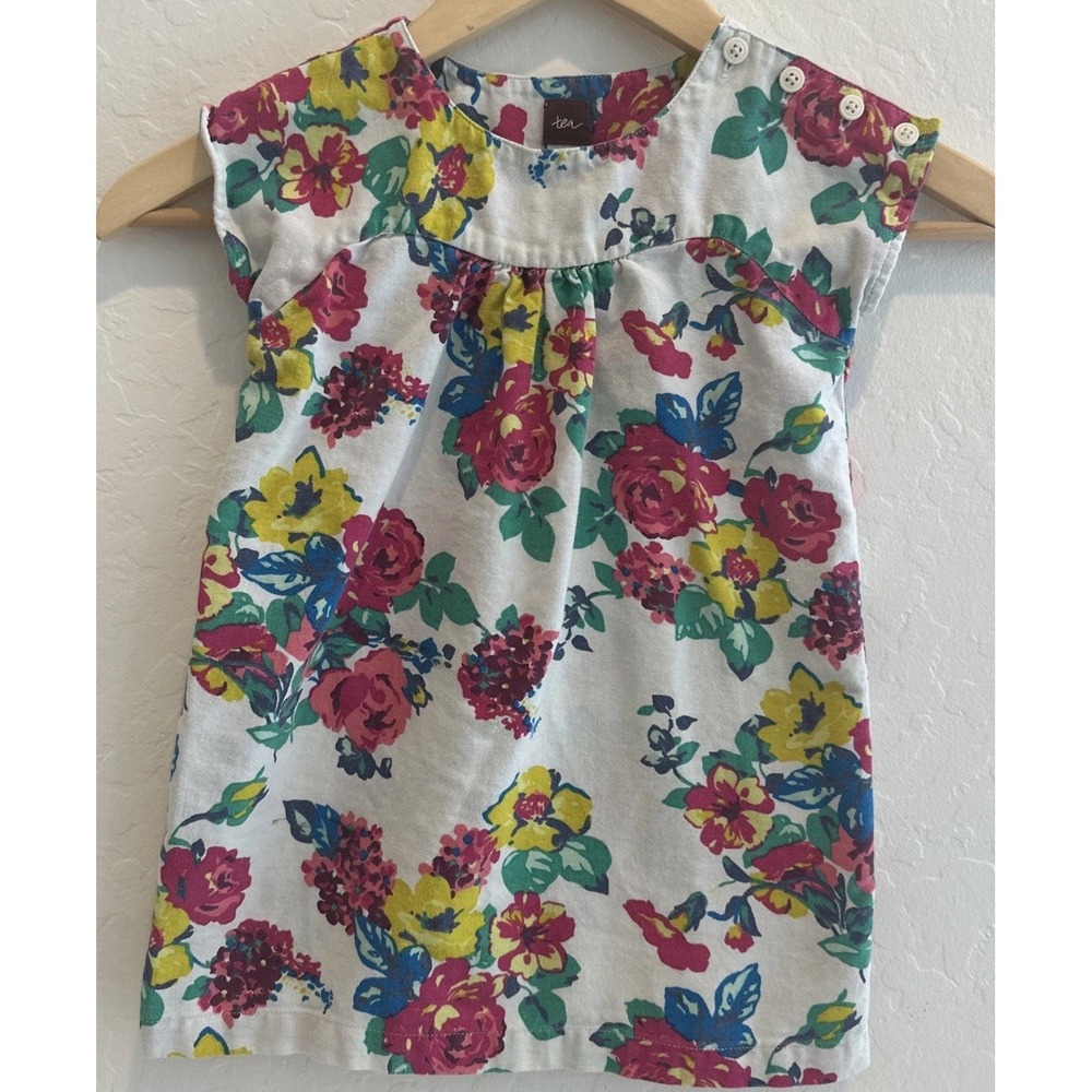 TEA Girls Sz 3 Mercado Rodriguez Twill Floral Dress Colorful Flowers Toddler
